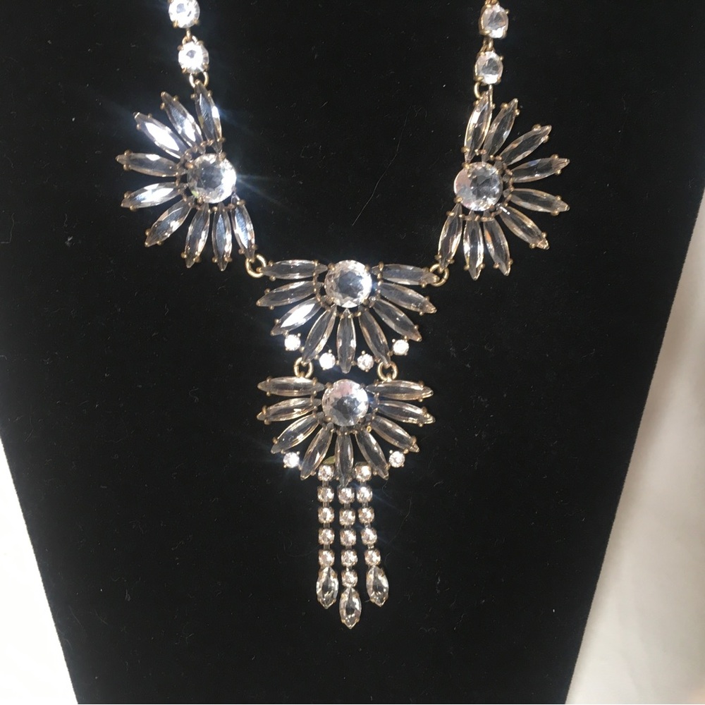 J. Crew Gem fan statement necklace Clear White crystal sparkling 17”